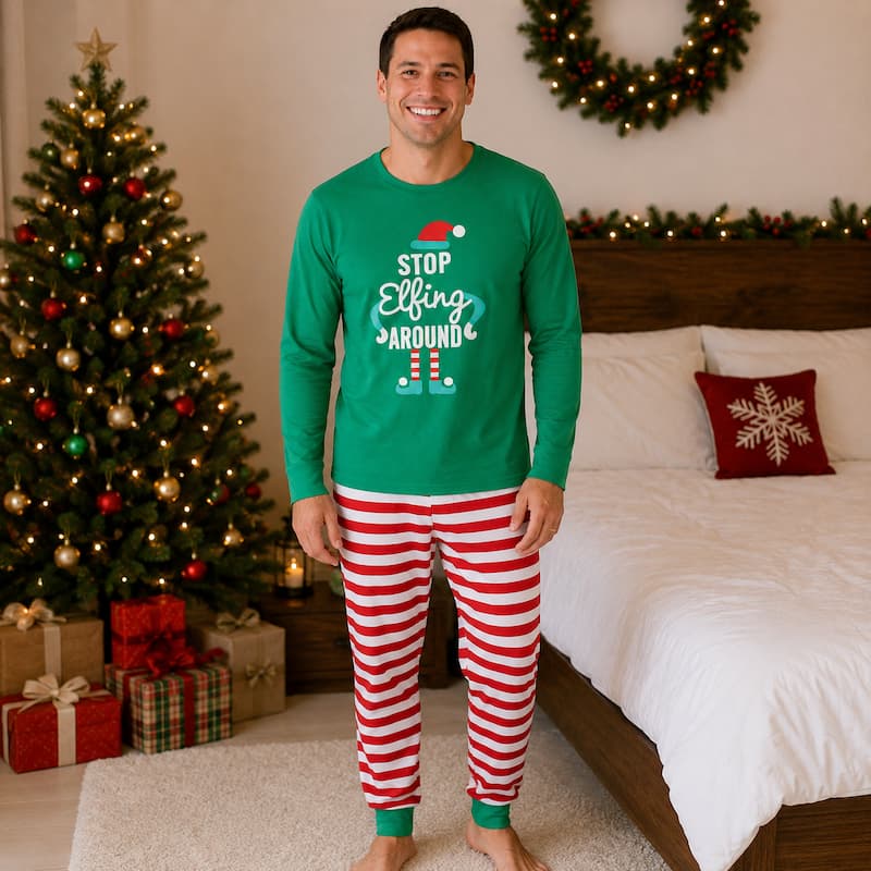 Matching Christmas pajamas set with green elf top and red white striped pants - view 3