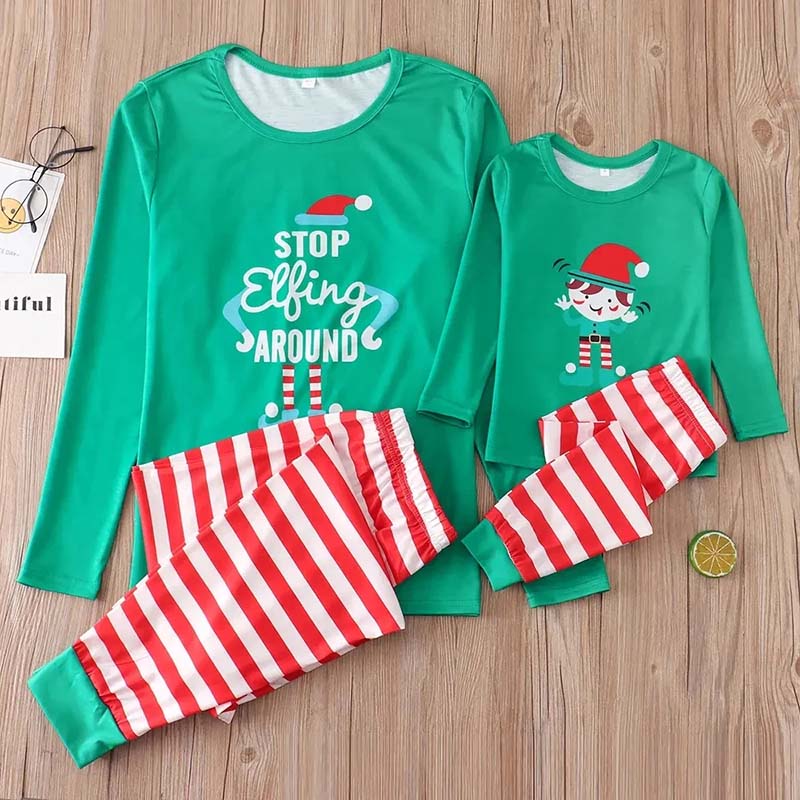 Matching Christmas pajamas set with green elf top and red white striped pants - view 7