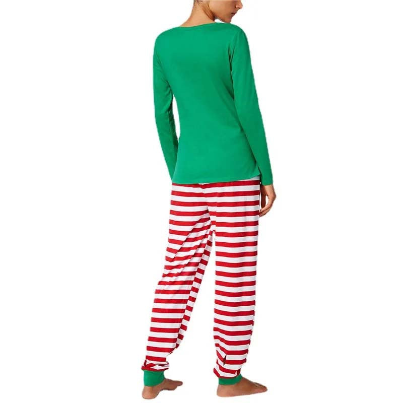 Matching Christmas pajamas set with green elf top and red white striped pants - view 8