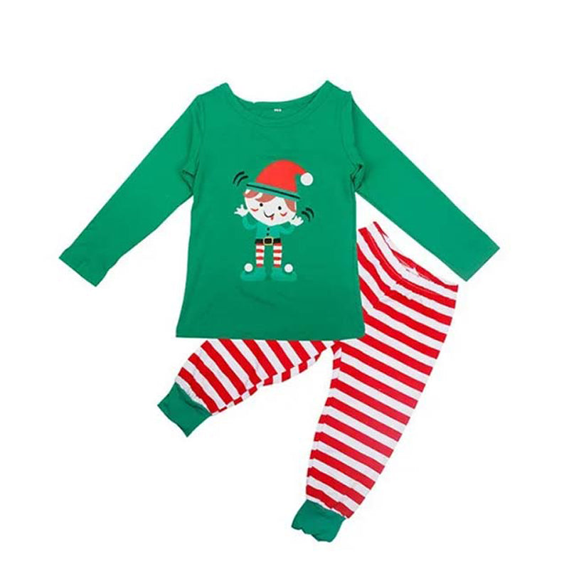Matching Christmas pajamas set with green elf top and red white striped pants - view 9