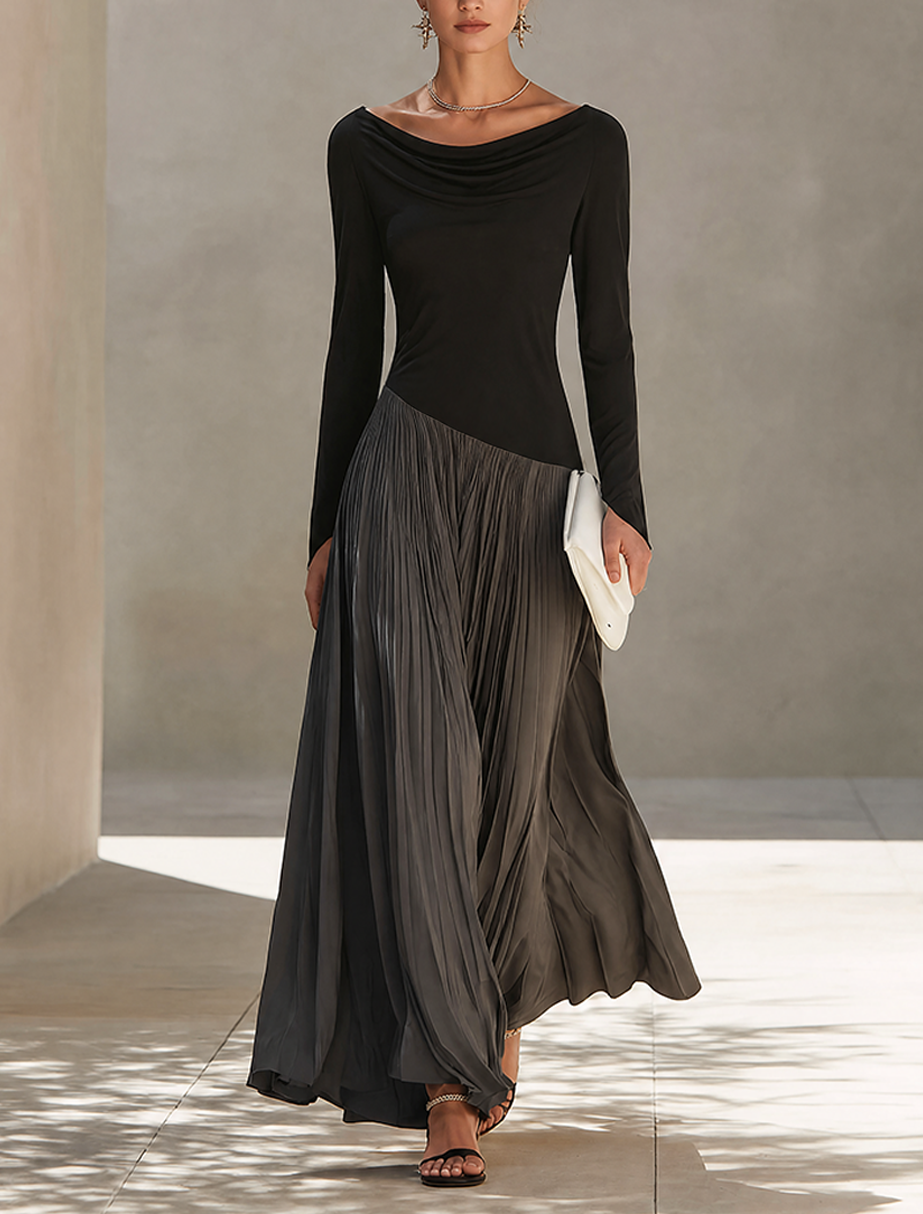 Two-tone black and gray long sleeve maxi dress with draped neckline