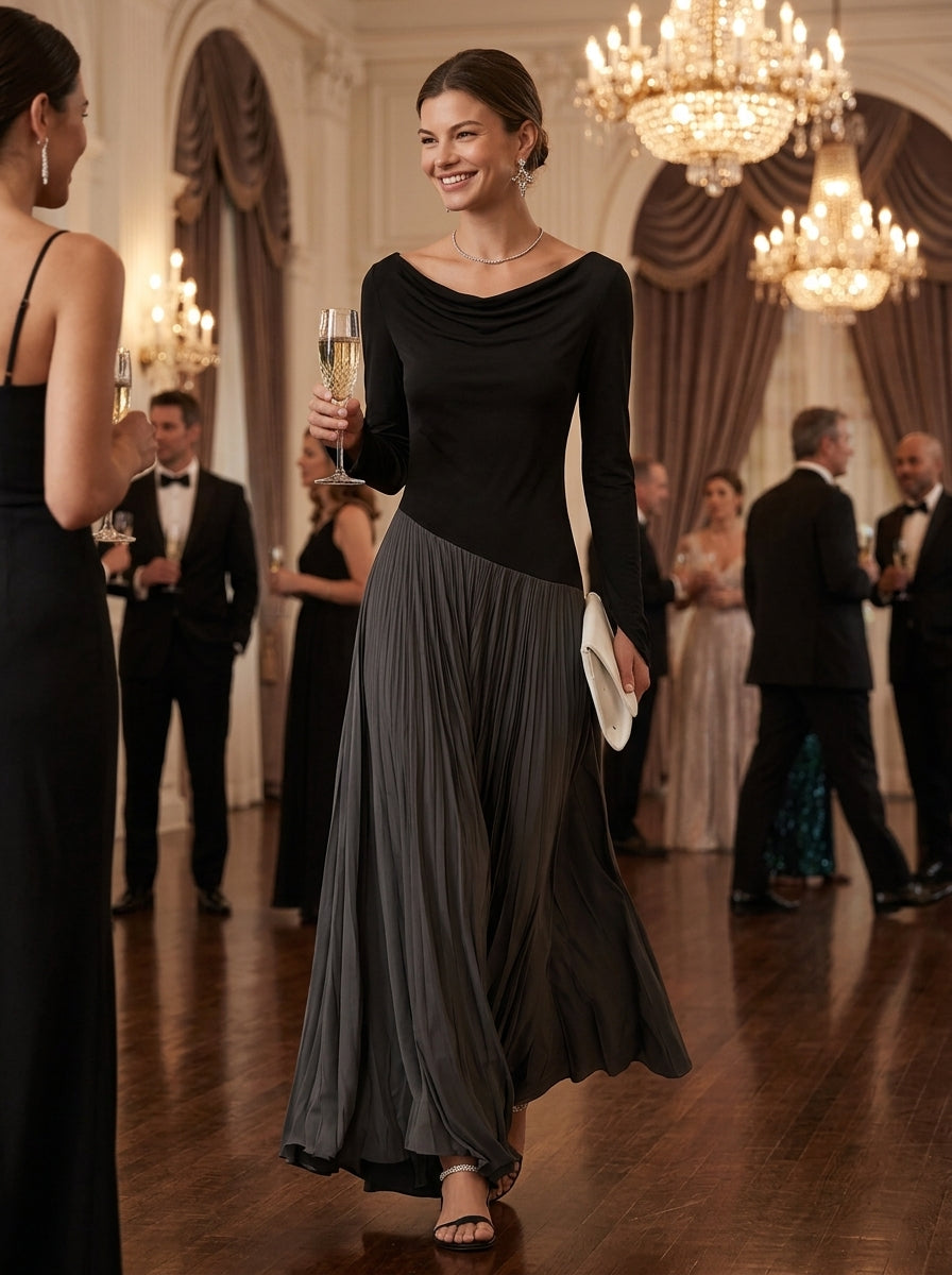 Two-tone black and gray long sleeve maxi dress with draped neckline - view 2