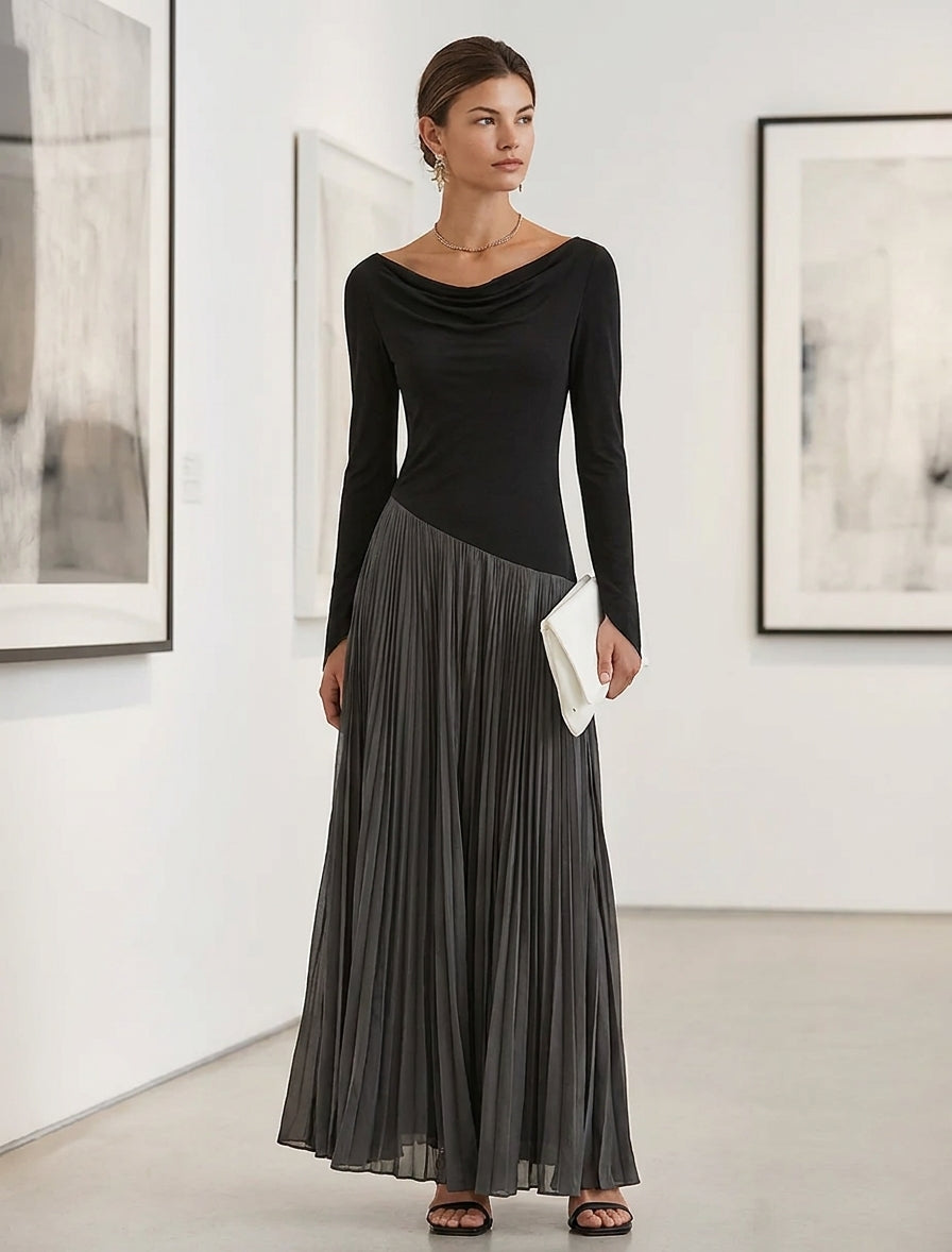 Two-tone black and gray long sleeve maxi dress with draped neckline - view 3