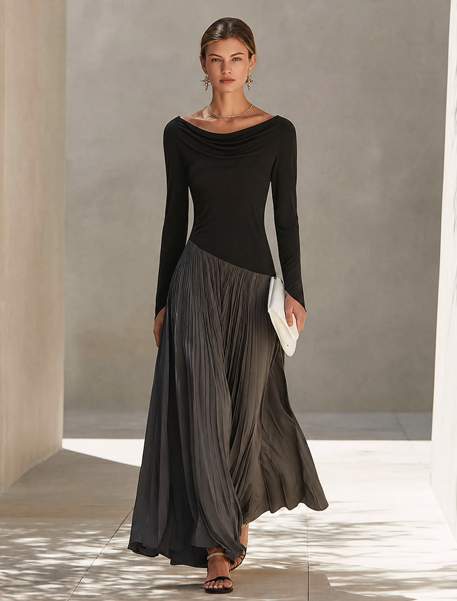 Two-tone black and gray long sleeve maxi dress with draped neckline - view 4