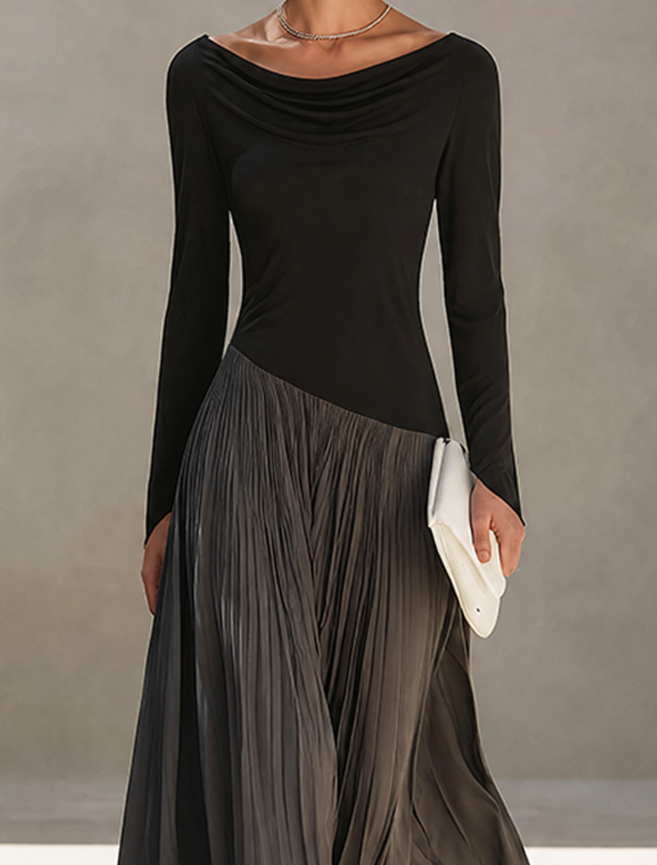 Two-tone black and gray long sleeve maxi dress with draped neckline - view 5