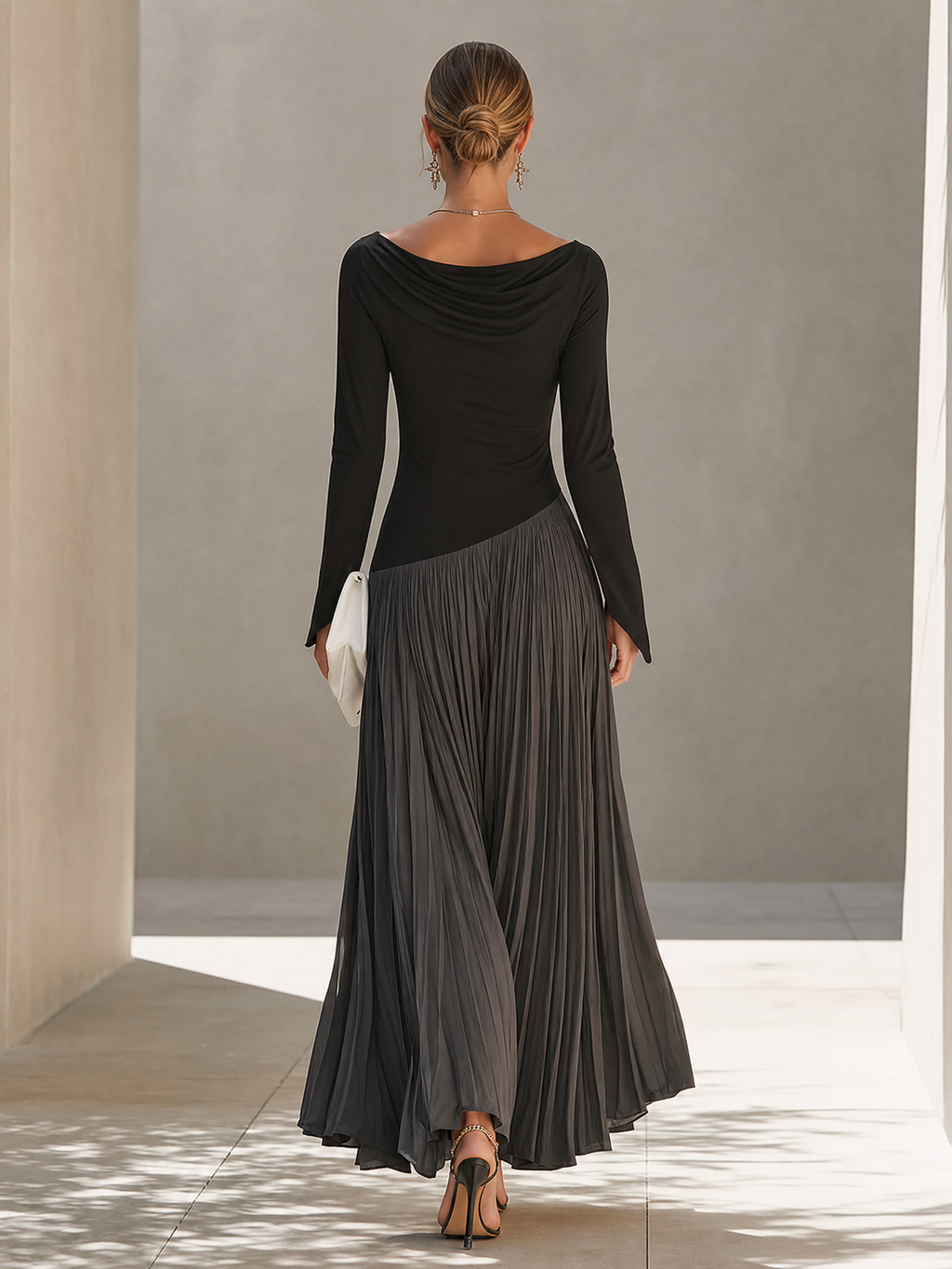 Two-tone black and gray long sleeve maxi dress with draped neckline - view 6