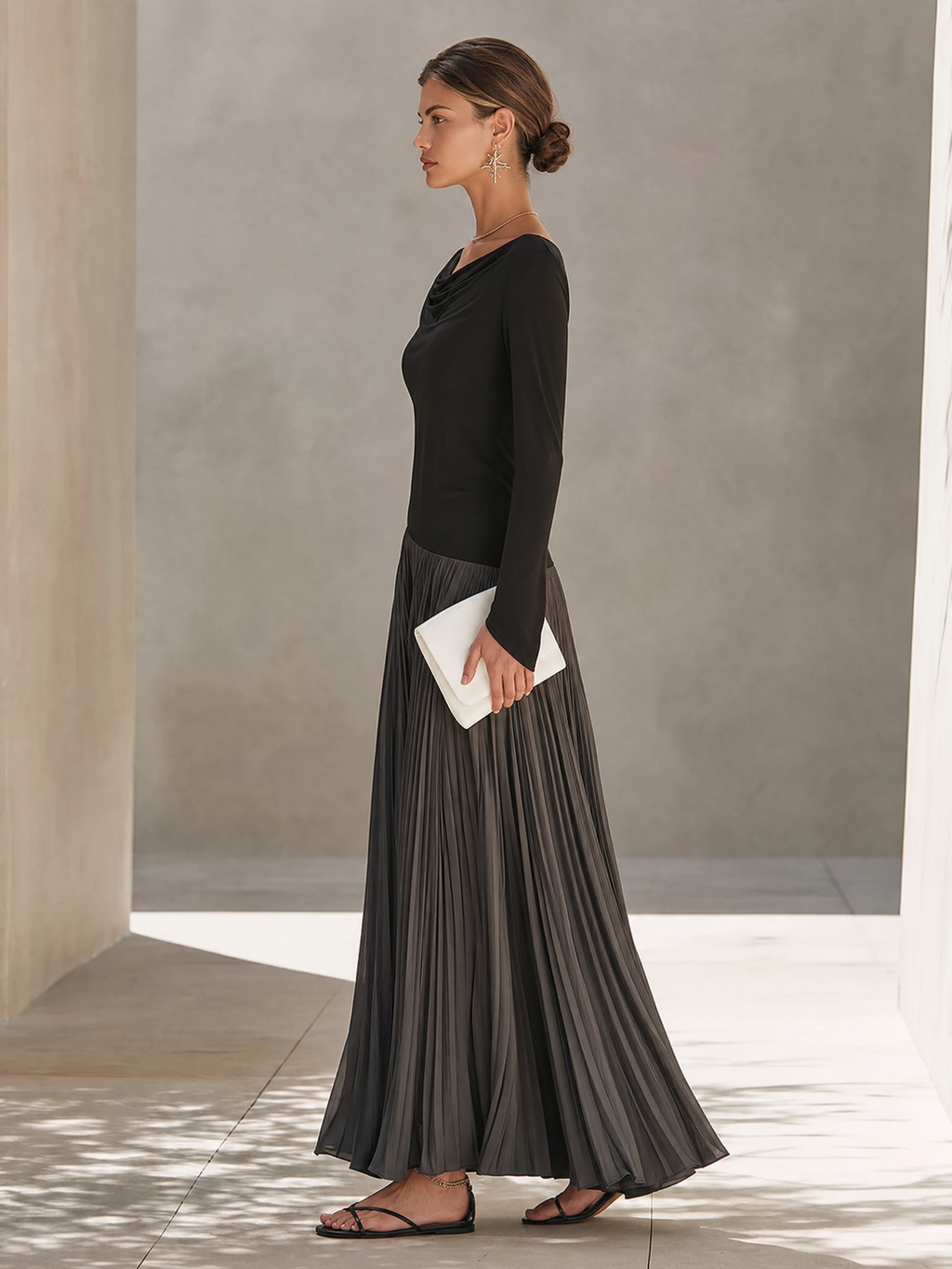 Two-tone black and gray long sleeve maxi dress with draped neckline - view 7