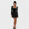 Velvet long sleeve mini dress with rhinestone-embellished square neckline and tulip skirt