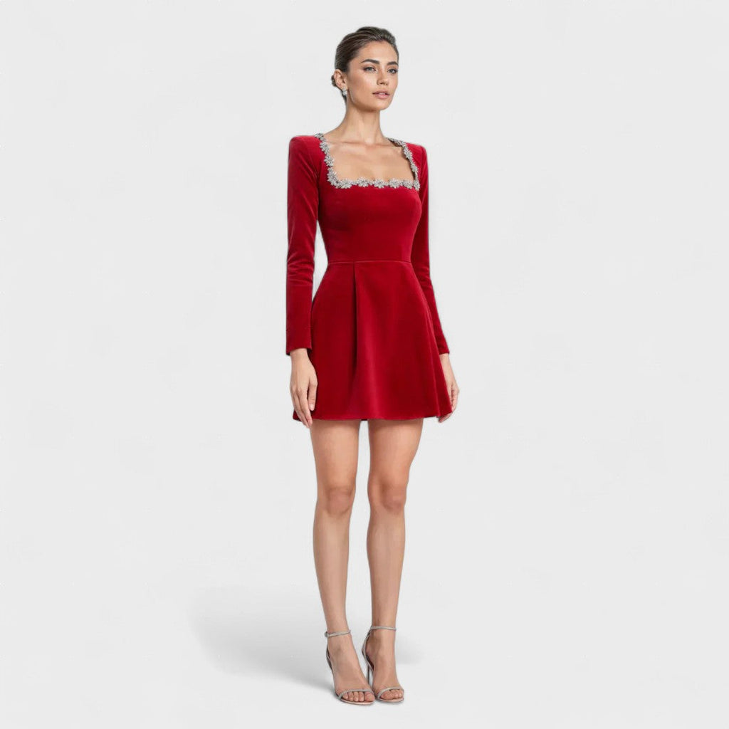 Velvet long sleeve mini dress with rhinestone-embellished square neckline and tulip skirt - view 12