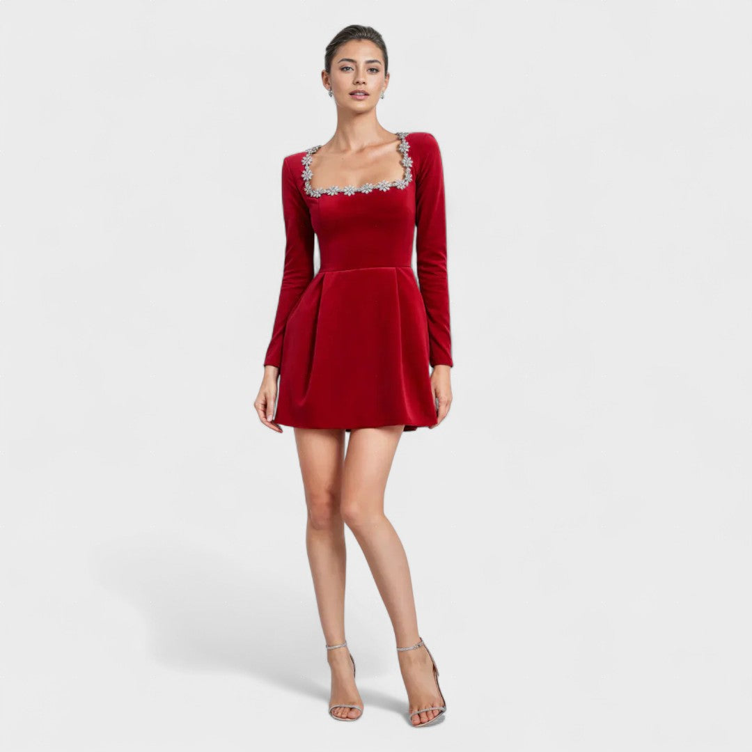 Velvet long sleeve mini dress with rhinestone-embellished square neckline and tulip skirt - view 14