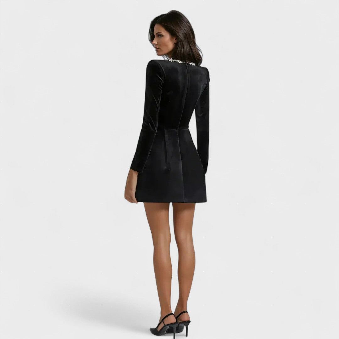 Velvet long sleeve mini dress with rhinestone-embellished square neckline and tulip skirt - view 4