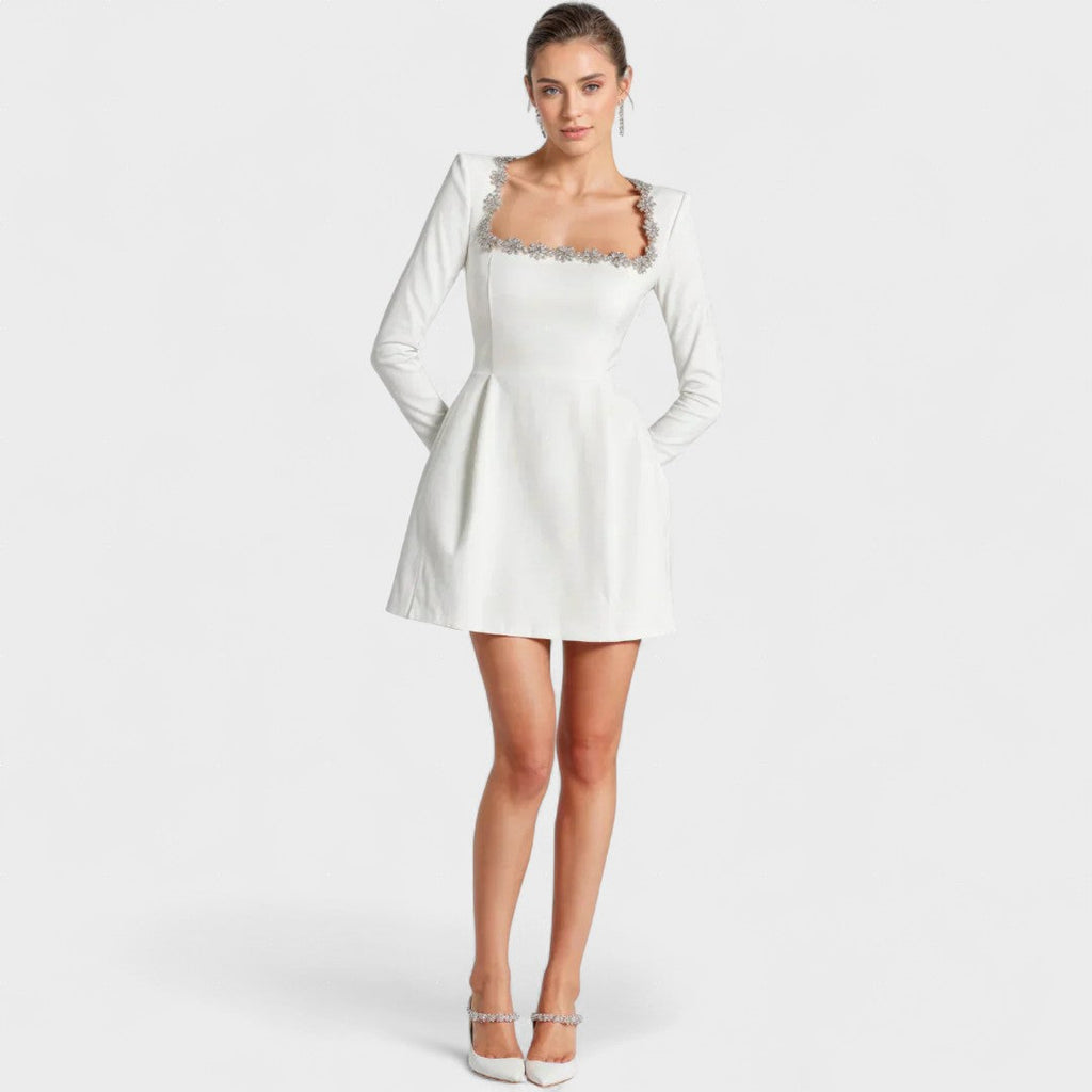 Velvet long sleeve mini dress with rhinestone-embellished square neckline and tulip skirt - view 6