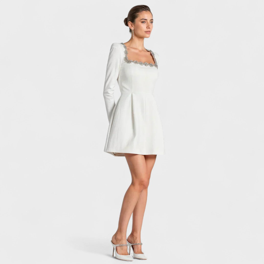 Velvet long sleeve mini dress with rhinestone-embellished square neckline and tulip skirt - view 7
