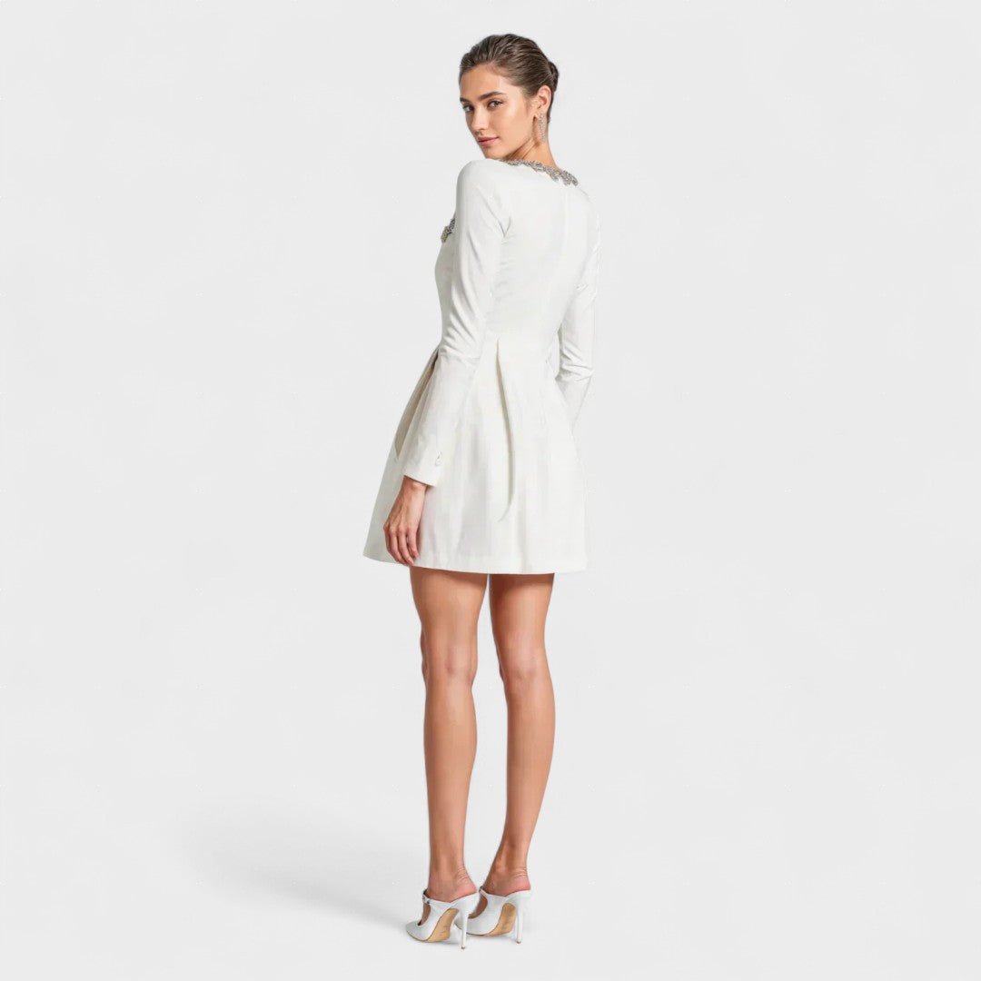 Velvet long sleeve mini dress with rhinestone-embellished square neckline and tulip skirt - view 8