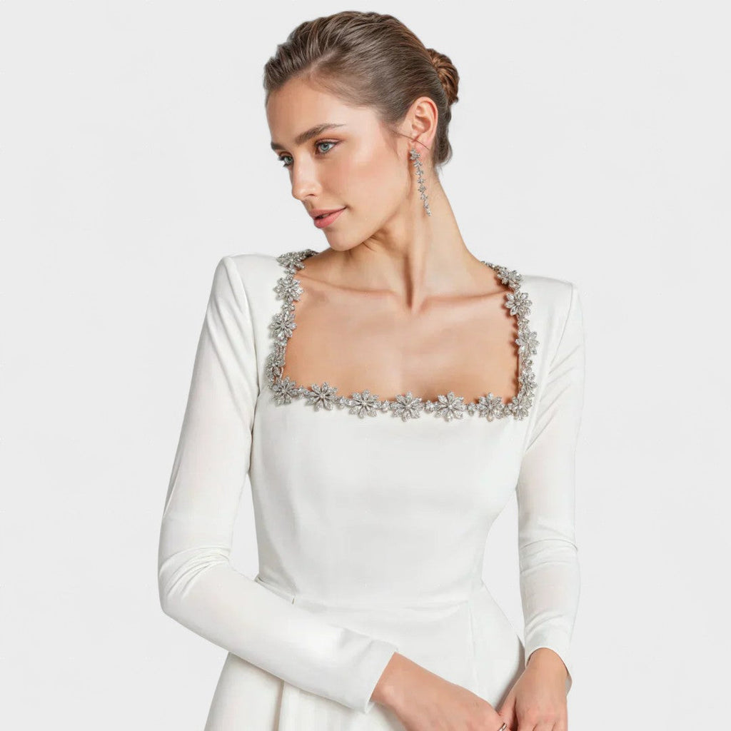 Velvet long sleeve mini dress with rhinestone-embellished square neckline and tulip skirt - view 9