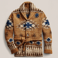 Brown chunky knit shawl collar mens cardigan with blue and cream Southwestern jacquard pattern and tie belt
