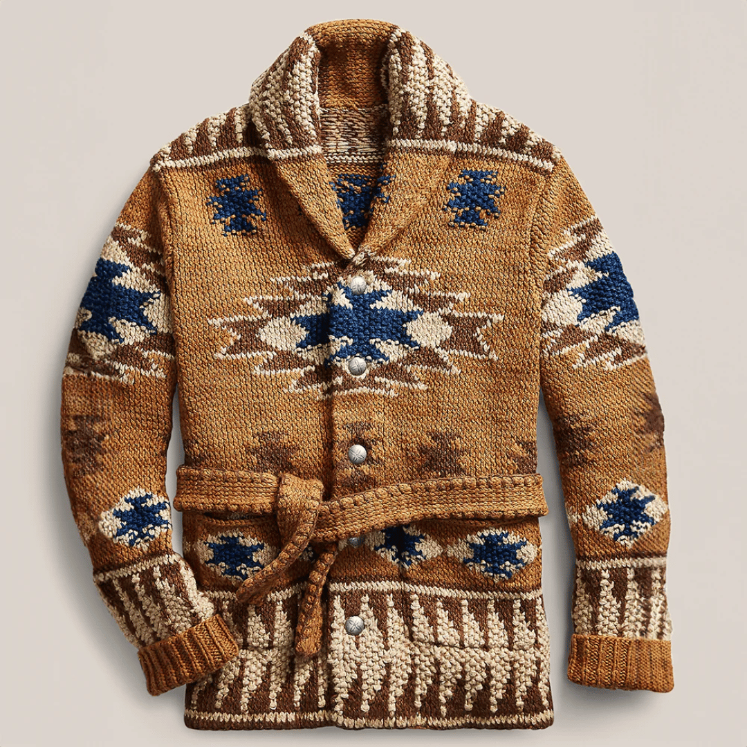 Brown chunky knit shawl collar mens cardigan with blue and cream Southwestern jacquard pattern and tie belt