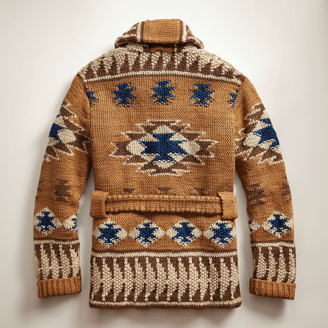 Brown chunky knit shawl collar mens cardigan with blue and cream Southwestern jacquard pattern and tie belt - view 2