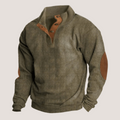 Men's ribbed knit pullover sweater with stand collar, button placket and tan elbow patches