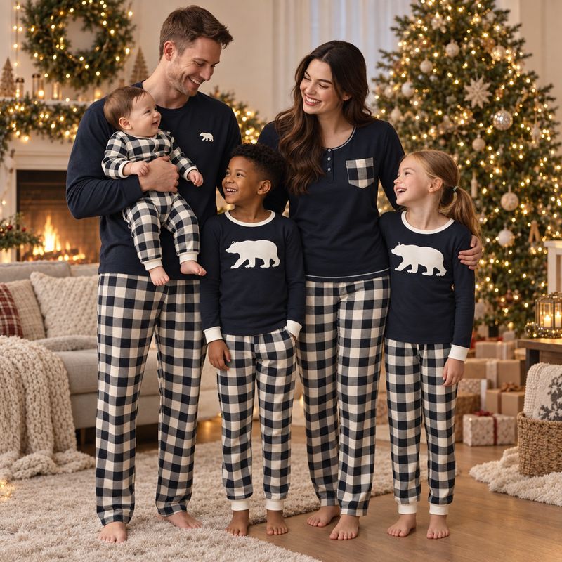 Men's, women's, kids' and baby Christmas pajamas in buffalo plaid with bear details