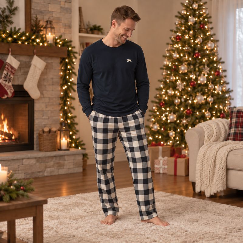 Men's, women's, kids' and baby Christmas pajamas in buffalo plaid with bear details - view 2