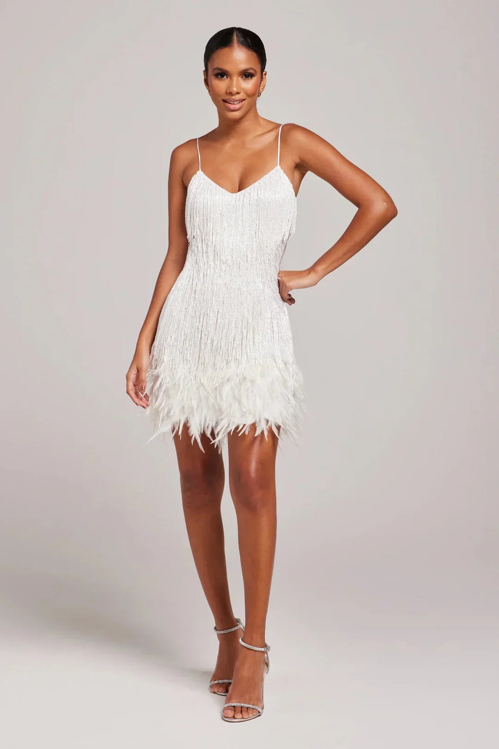 Fringe mini dress with feather-trim hem and spaghetti straps