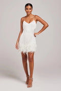 Fringe mini dress with feather-trim hem and spaghetti straps