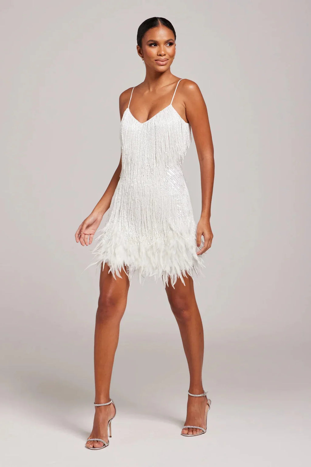 Fringe mini dress with feather-trim hem and spaghetti straps - view 2