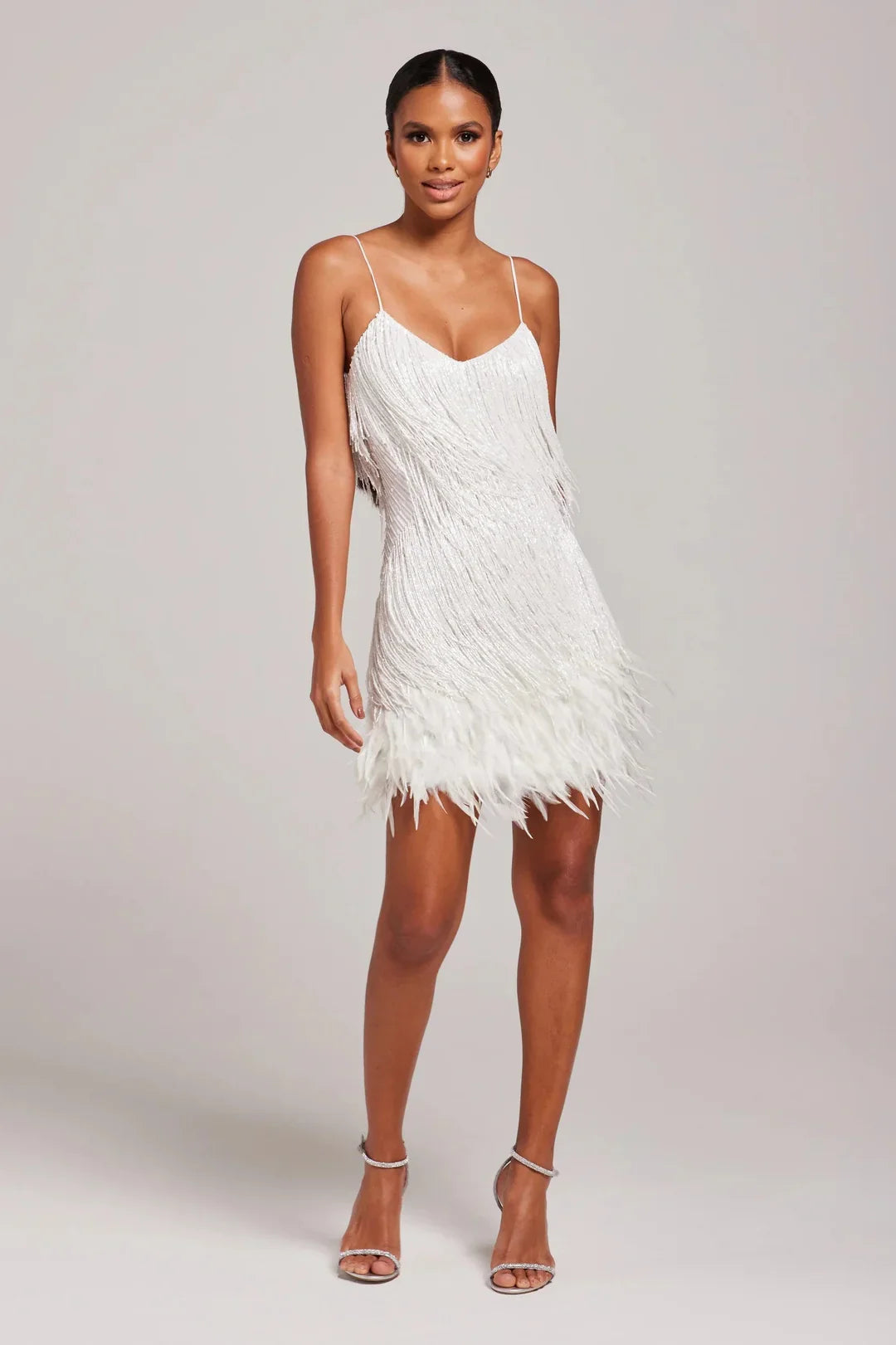 Fringe mini dress with feather-trim hem and spaghetti straps - view 3