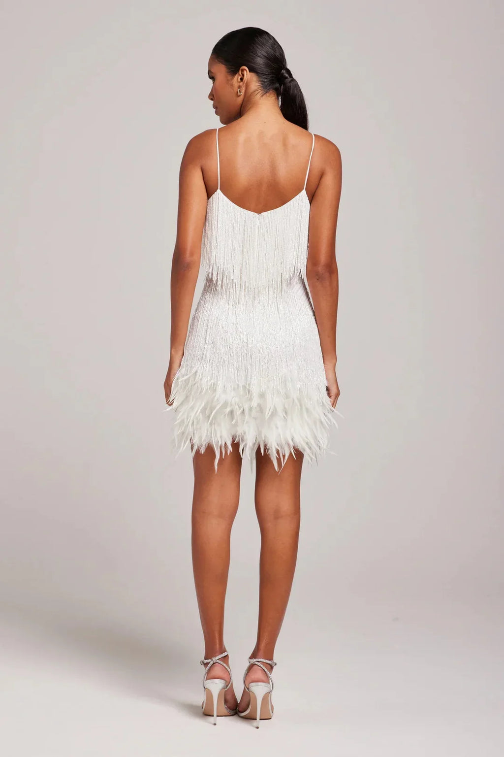 Fringe mini dress with feather-trim hem and spaghetti straps - view 4