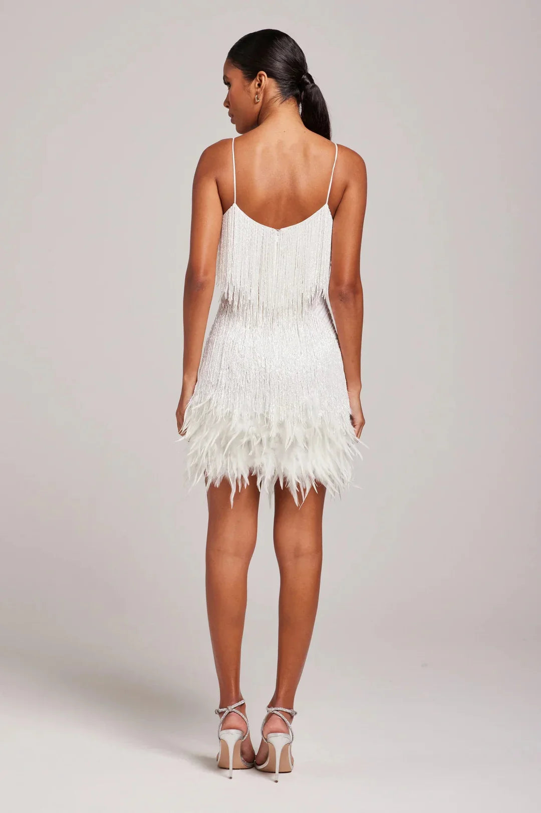 Fringe mini dress with feather-trim hem and spaghetti straps - view 4