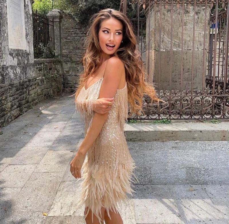 Fringe mini dress with feather-trim hem and spaghetti straps - view 9
