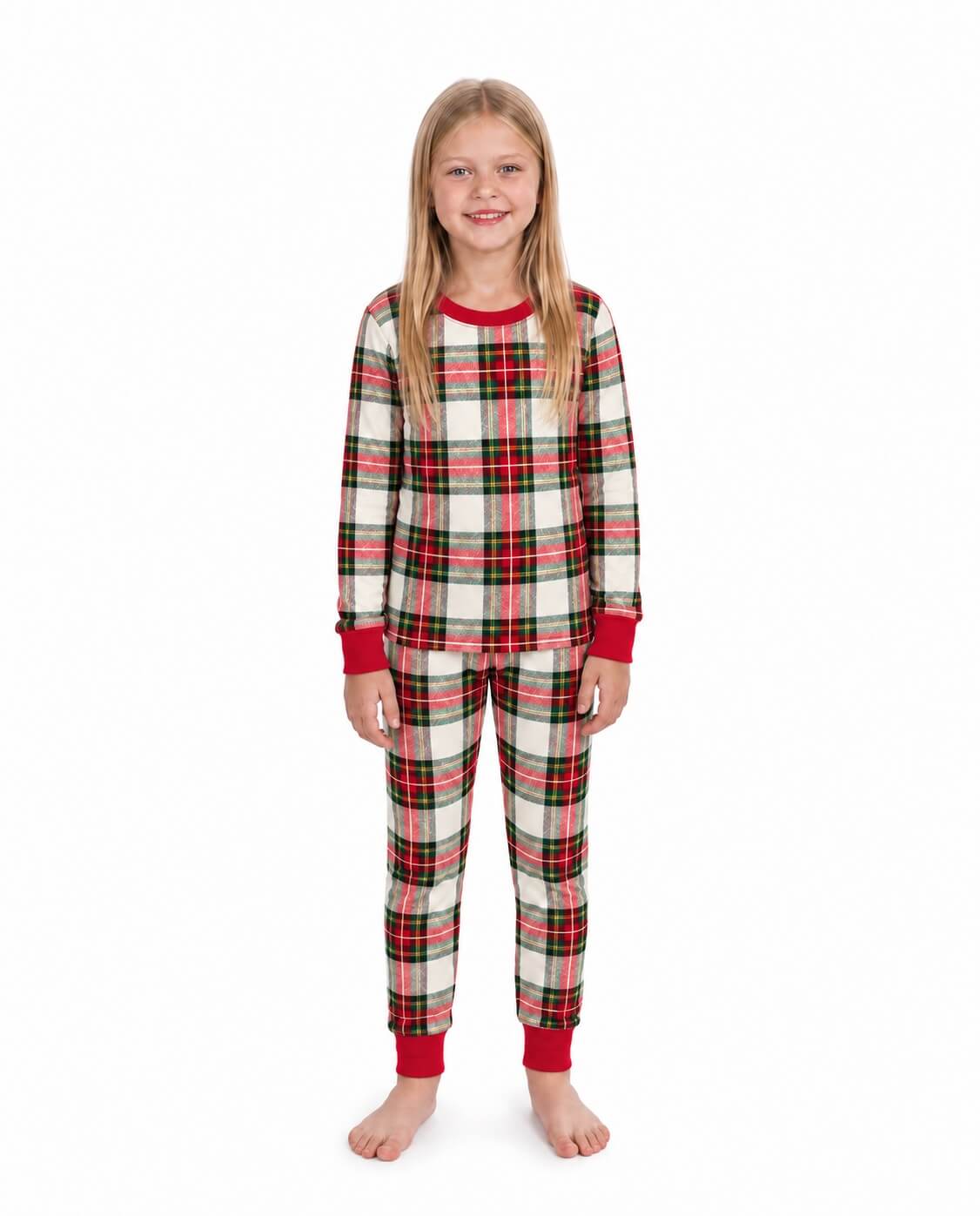 Family wearing matching red and white tartan Christmas pyjamas with red ribbed cuffs - view 11