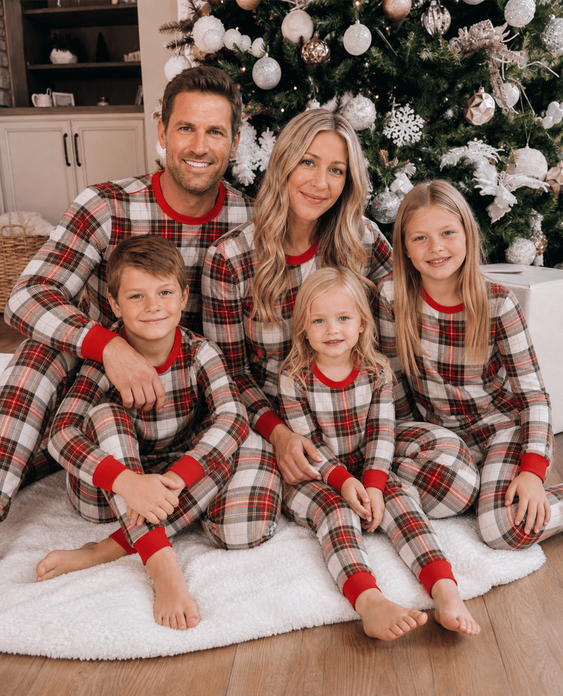 Family wearing matching red and white tartan Christmas pyjamas with red ribbed cuffs - view 7