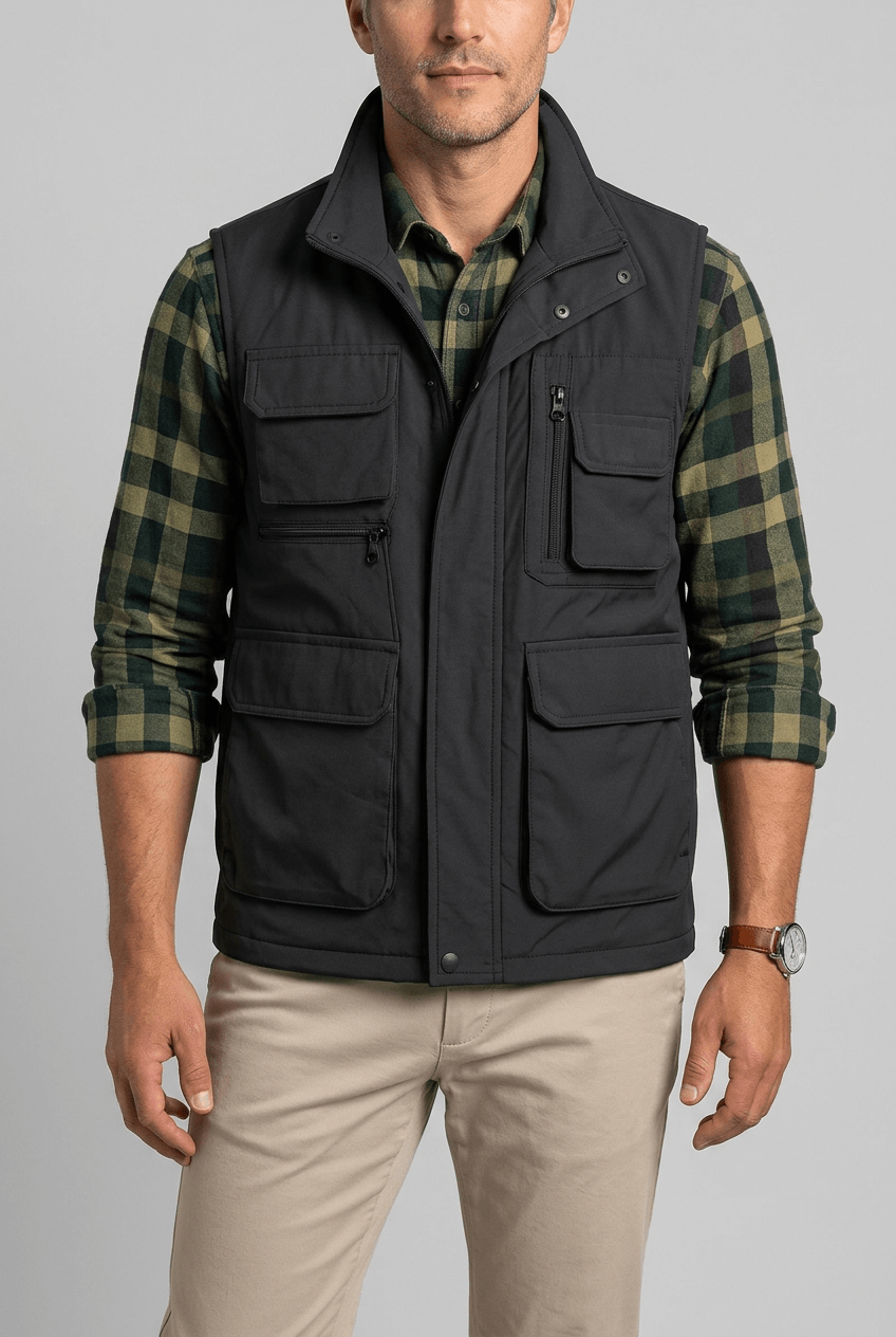 Men's black multi-pocket utility gilet with stand collar and zip front