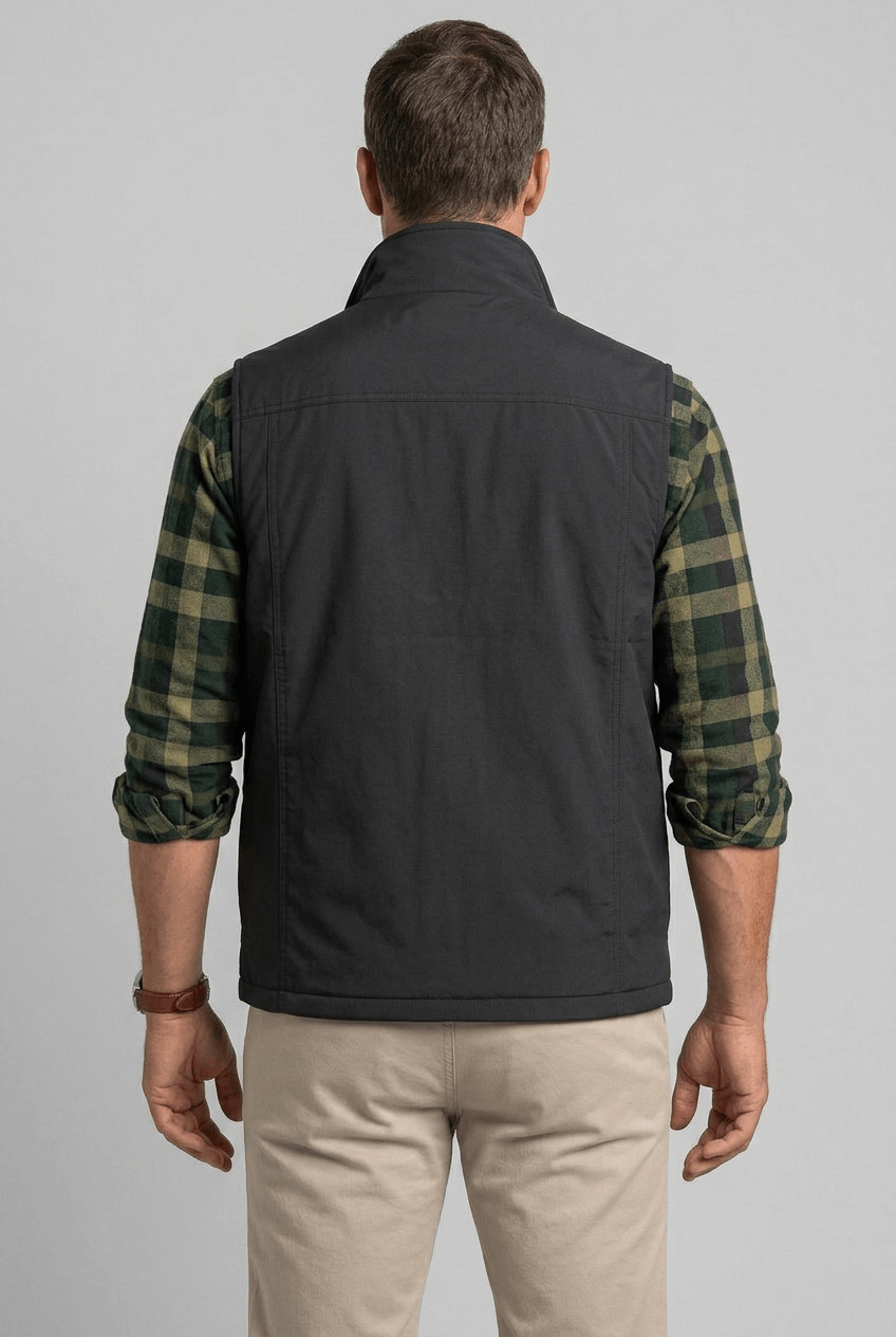 Men's black multi-pocket utility gilet with stand collar and zip front - view 2