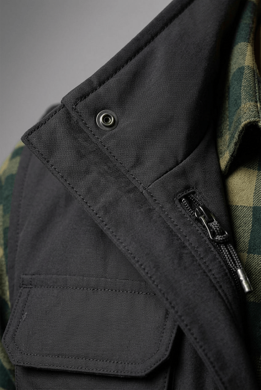 Men's black multi-pocket utility gilet with stand collar and zip front - view 3