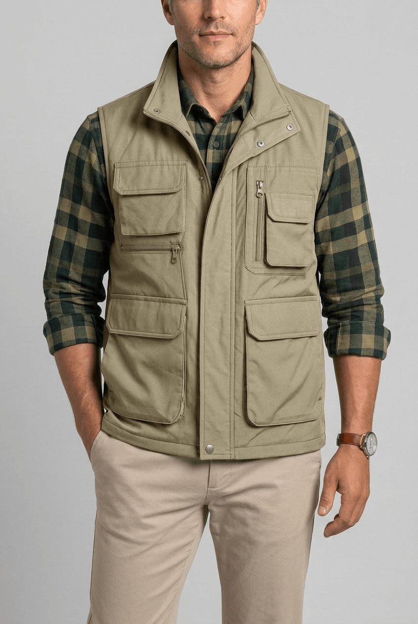 Men's black multi-pocket utility gilet with stand collar and zip front - view 5