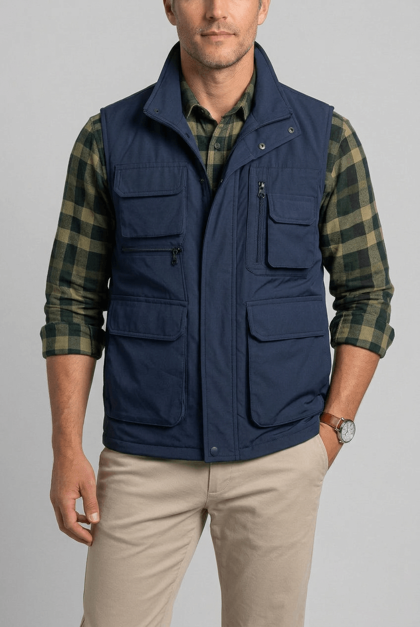 Men's black multi-pocket utility gilet with stand collar and zip front - view 6