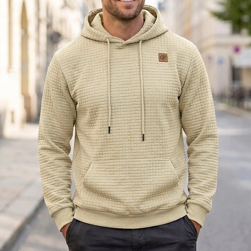Men's soft textured hooded pullover, side view