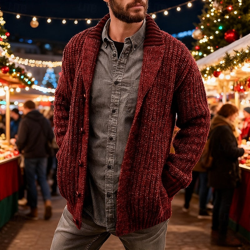 Men's shawl collar knit cardigan, side view