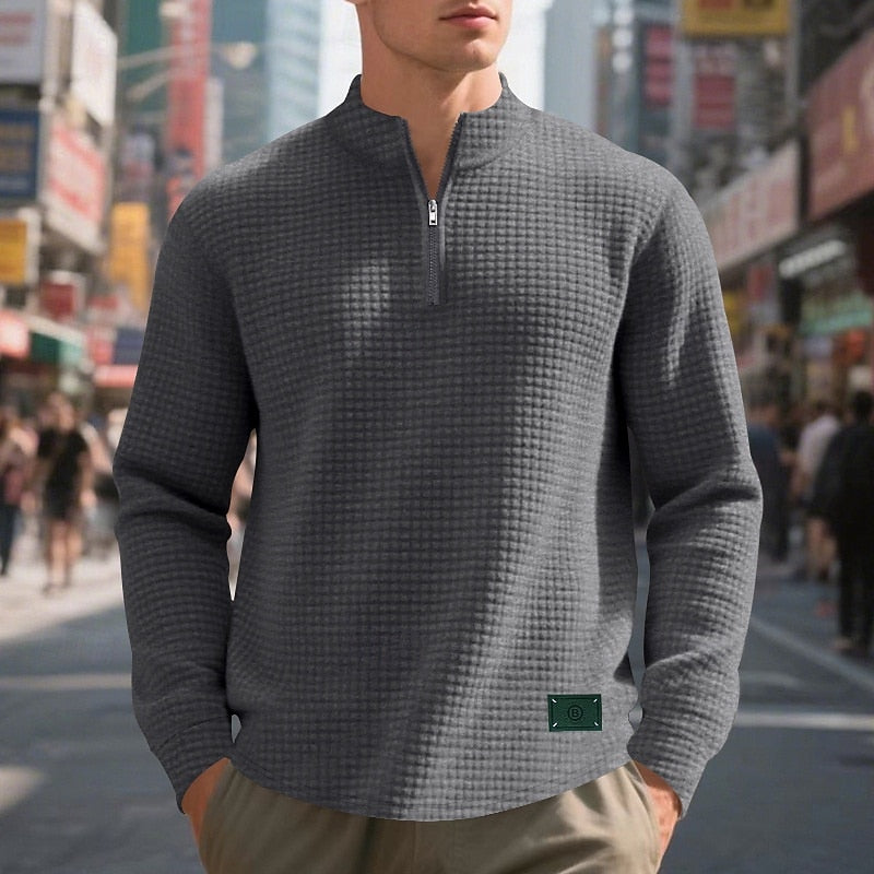 Men's textured quarter zip sweatshirt, side view